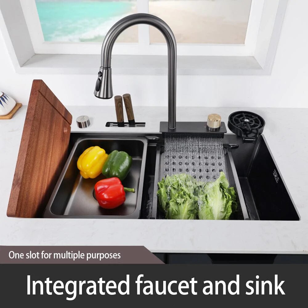 Black Stainless Steel Sink Waterfall of Kitchen Sink Accessories Large  Single Slot Washbasin Nano Multifuctional Sink Dishwasher - AliExpress