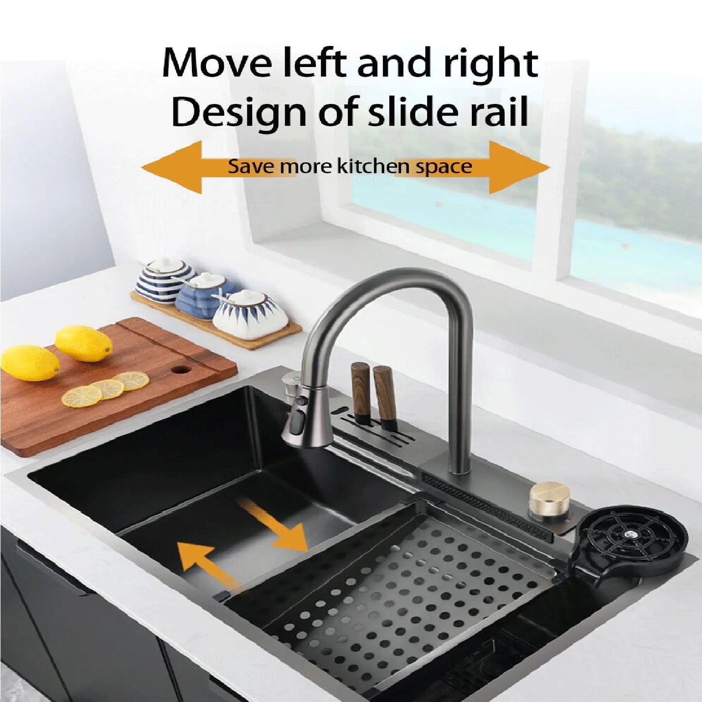 Waterfall Kitchen Sink Basin Large Single Slot Digital Display 304  Stainless Steel Sink with Waterfall Faucet for Kitchen Home